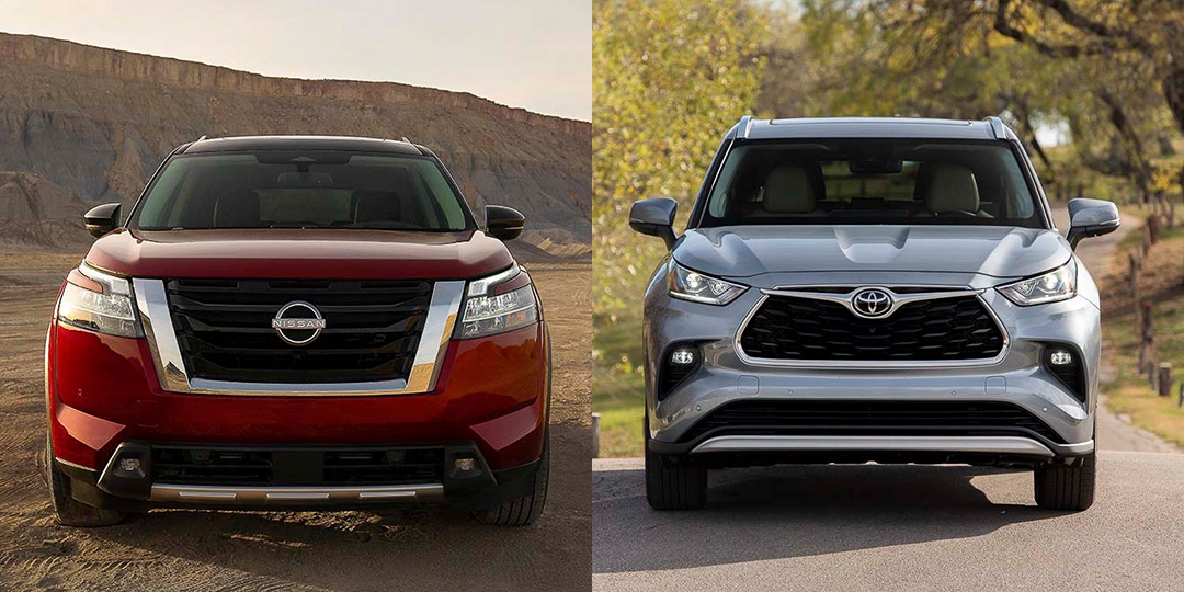 Comparatif entre le Nissan Pathfinder 2022 (gauche) et le Toyota Highlander 2021 (droite)